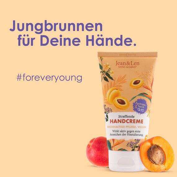 Jean & Len Straffende Handcreme Aprikosenkernöl/Q10, reichhaltige Pflege, Wirkt aktiv gegen erste Anzeichen der Hautalterung, für trockene Hände, ohne Parabene & Silikone, Handcreme Tube, 75 ml
