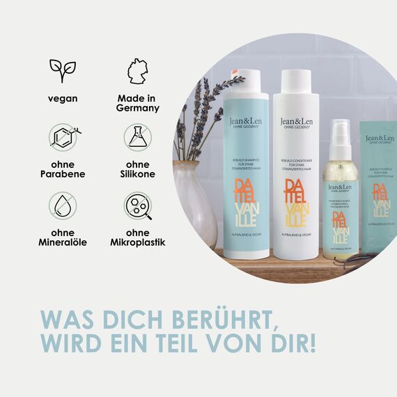 Jean & Len Rebuild Shampoo Dattel & Vanille, für stark strapaziertes Haar, lässt die Haare kräftiger und glanzvoller aussehen, mit Vanille-Duft, Shampoo ohne Silikone & Parabene, vegan, 300 ml