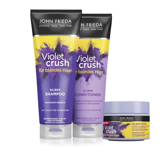 John Frieda Violet Crush Intensiv-Silber-Shampoo - Anti-Gelbstich - Auch gegen Orangetöne - Mit violetten Pigmenten, 250 ml (Packung mit 2)