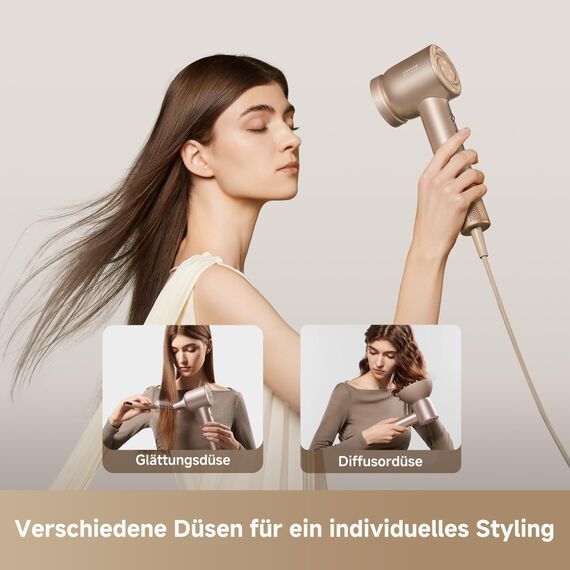 DREAME Hair Glory Mix High-Speed-Haartrockner, 3 magnetische Düsen, NTC-Temperaturregelung, 300 Millionen negative Ionen/cm³, Motor mit 110.000 U/min, 336 g leicht, Gold