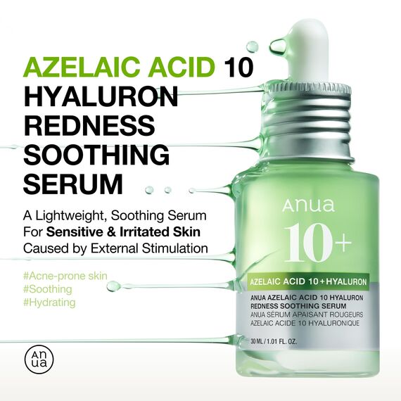 Anua Azelaic Acid 10 Hyaluron Redness Soothing Serum, Facial Serum for Sensitive skin, Hyaluronic Acid, Niacinamide, Spot Care, Natural Color, Vegan, Korean Skincare (30ml/ 1.01 fl oz.)