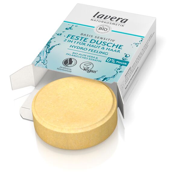 lavera, Feste Dusche 2 in 1 basis sensitiv Hydro Feeling mit Bio Aloe Vera und pflanzlichem Keratin reinigt ohne auszutrocknen 3x ergiebiger als flüssiges Duschgel Naturkosmetik 50g, Weiß, 1 stück