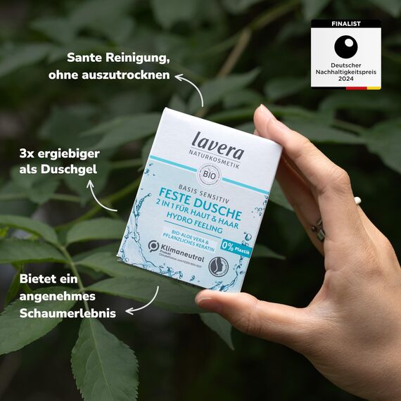 lavera, Feste Dusche 2 in 1 basis sensitiv Hydro Feeling mit Bio Aloe Vera und pflanzlichem Keratin reinigt ohne auszutrocknen 3x ergiebiger als flüssiges Duschgel Naturkosmetik 50g, Weiß, 1 stück