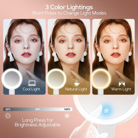 MIYADIVA Make-up Spiegel mit Beleuchtung, 2-seitig (1x/30X Vergrößerung), 3-in-1 (Hand/Tisch/Wand), 3 Lichtfarben, dimmbar – Kosmetikspiegel für Reise, Büro, Schlafzimmer | Geschenk für Frauen | Weiß