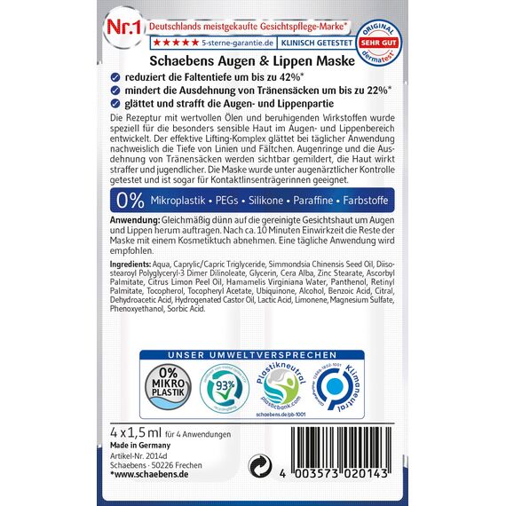 Schaebens Augen & Lippen Maske reduziert Falten, glättet und strafft mit Jojobaöl, Q10 und Panthenol für alle Hauttypen (Packung mit 5)