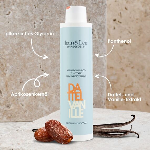Jean & Len Rebuild Shampoo Dattel & Vanille, für stark strapaziertes Haar, lässt die Haare kräftiger und glanzvoller aussehen, mit Vanille-Duft, Shampoo ohne Silikone & Parabene, vegan, 300 ml