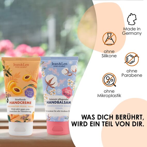 Jean & Len Straffende Handcreme Aprikosenkernöl/Q10, reichhaltige Pflege, Wirkt aktiv gegen erste Anzeichen der Hautalterung, für trockene Hände, ohne Parabene & Silikone, Handcreme Tube, 75 ml