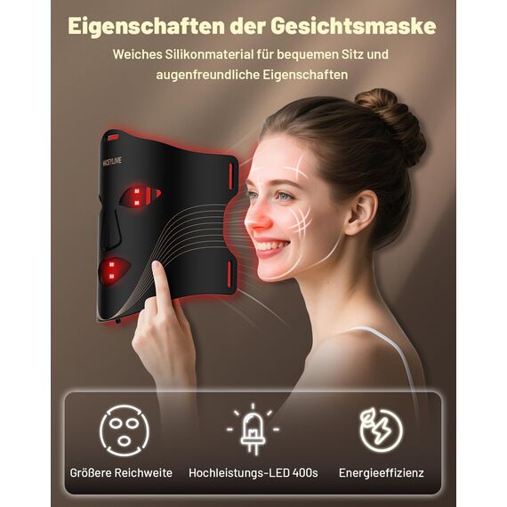 MICEYLIVE Led Maske Gesicht mit 3 Modi, Aufladbar Fernbedienung, Led Gesichtsmaske mit Nahinfrarot Mit Reisetasche für Zuhause & Reisen, 400 LEDs