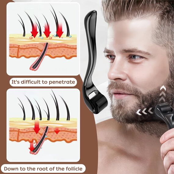Bartroller 0,5 mm – Derma-roller mit 540 Titan-Nadeln für Bartwuchs & Haarwachstum, professioneller Microneedling Roller für Gesicht, Kopfhaut & Körper – Männer & Frauen, Anti-Aging, Hautpflege