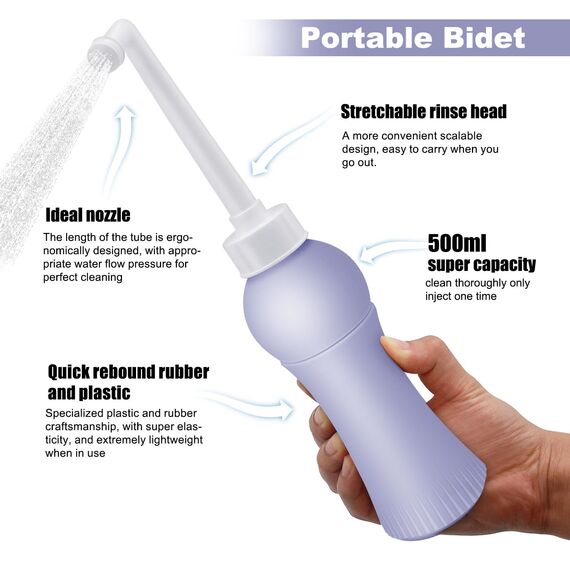 500ml Po Dusche mit Reiseetui, Einziehbare Portable Bidet für Reisen und Zuhause - Ersetzt Feuchttücher, spart Toilettenpapier, Hygienische Intimdusche Podusche für Frau Wochenbett (500ml-Violett)