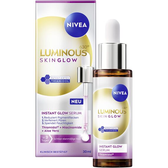 NIVEA LUMINOUS630 Skin Glow Instant Glow Serum, hocheffektives, leichtes Gesichtsserum für strahlende und ebenmäßige Haut, Gesichtspflege mit Thiamidol, Niacinamid & Aloe Vera (30 ml)