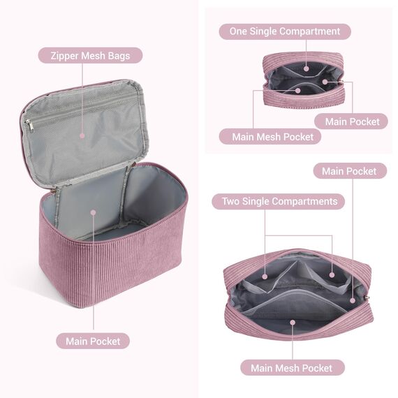 MAGEFY 3er Set Kosmetiktasche Kulturtasche Damen, Cord Make up Tasche mit Fächern Reise Make up Tasche für Mädchen Frauen (Rosa)