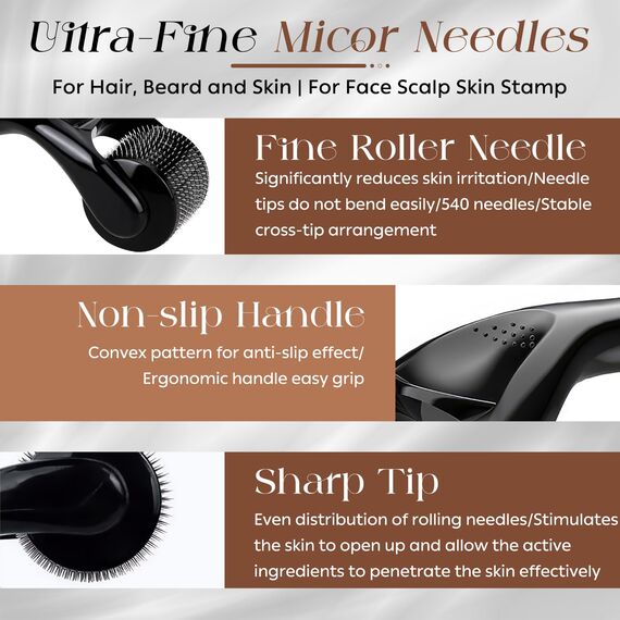 Bartroller 0,5 mm – Derma-roller mit 540 Titan-Nadeln für Bartwuchs & Haarwachstum, professioneller Microneedling Roller für Gesicht, Kopfhaut & Körper – Männer & Frauen, Anti-Aging, Hautpflege