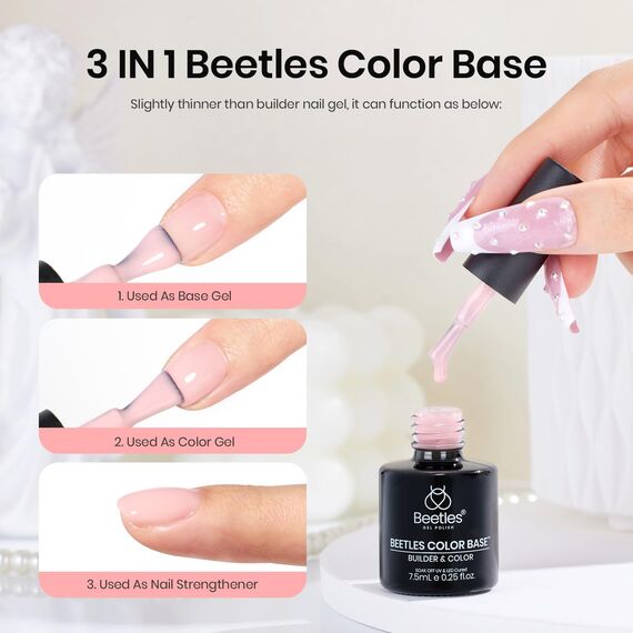 Beetles Gel Nagellack 15ml Rosa, 3 in 1 Farbe Unterlack Uv LED Lampe Erforderlich Gummi Unterlack UV Gel Nagellack für Nägel, Color Base Coat Nacktes Rosa