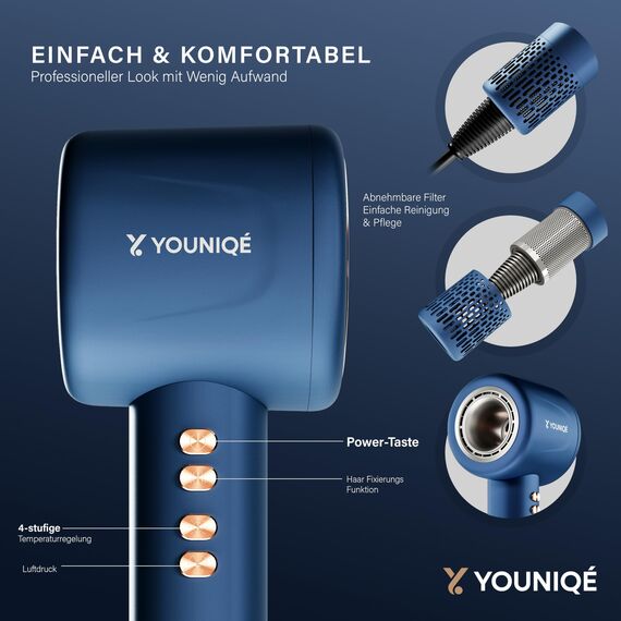 YOUNIQÉ Haartrockner – 5-in-1 Föhn mit Ionen-Technologie, Lockenstab, Glättdüse, Diffusor & Konzentrator – 1600W, LED-Anzeige, 4 Temperaturstufen, Magnetaufsätze – Ergonomisch – Blau/Gold