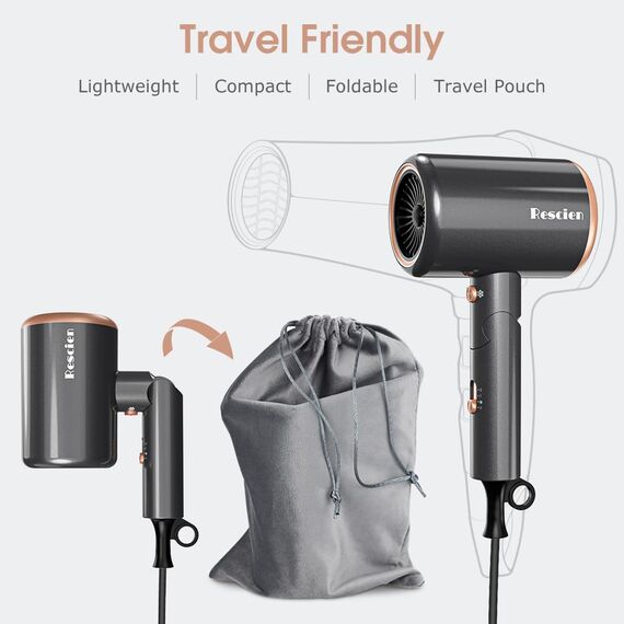 Haartrockner Ionen 2400W Rescien mit Reisebeutel & Halter, [2025 Neu] Föhn Fön Schnelltrocknen [leicht & kompakt], Profi Reisefön Heiß-/Kalttaste, 3 Heiz,3 Geschwindigkeiten/Haarföhn mit 3 Aufsätze