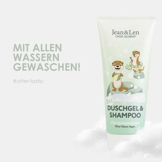 Jean & Len 2in1 Duschgel & Shampoo für Sensibelchen, besonders sanfte Reinigung für Kinderhaut & -haar, kein Brennen in den Augen, pH-hautideal, Duschgel Kinder, ohne Parabene, vegan, 200 ml
