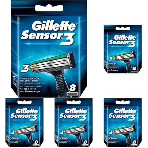 Gillette Sensor3 Rasierklingen mit verbesserten Gleitstreifen für eine glatte und komfortable Rasur, 8 Ersatzklingen (Packung mit 5)