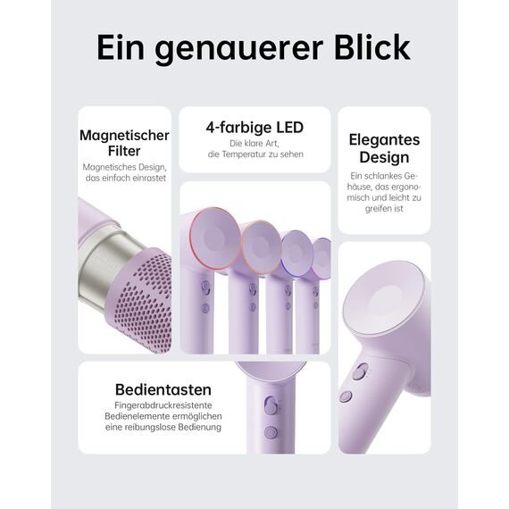 Laifen SE Haartrockner mit 200 Millionen negativen Ionen und bürstenlosem Motor mit 105.000 U/min. Leistungsstarker, schneller und leiser Haartrockner mit magnetischem Zubehör(Viola)