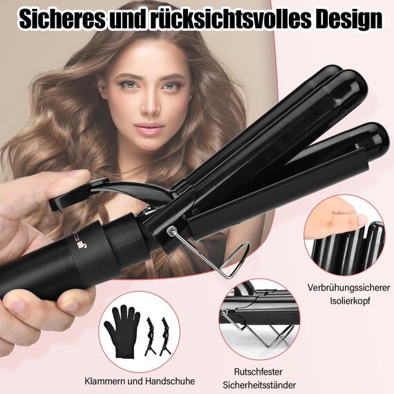 Onftrym Lockenstab Lockenstäbe 3 Fässer Welleneisen 5 in 1,Lockenstab mit Verschiedenen Aufsätzen für Großer Wellen,160-230℃ Einstellbar Welleneisen Für Haare,Keramik Curling Iron mit Handschuh & Clip