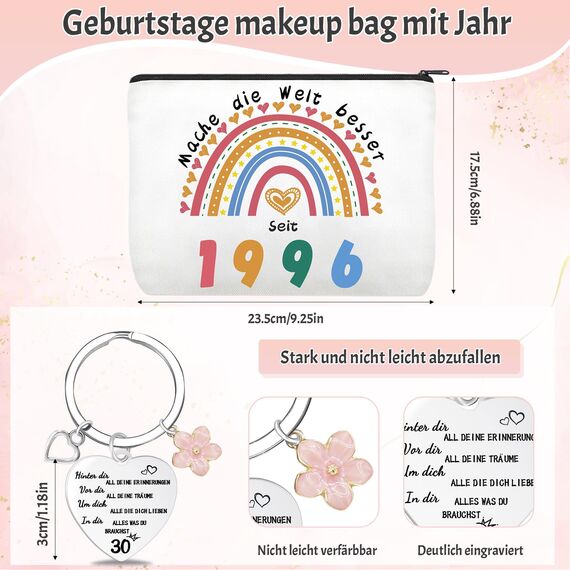 Shining She Geschenk 30. Geburtstag Frau, Geburtstagsgeschenk für Frauen mit 1996 Kosmetiktasche, 30. Schlüsselanhänger, 30. Rosa Socken und Kosmetikspiegel Lustige Geschenke für Mama Freundin Frau