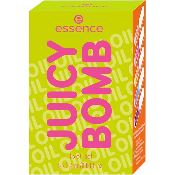 essence JUICY BOMB lip oil set 02 POUT OF PARADISE, Lippenöl-Set aus 5 Shades, tropischer Duft, glänzendes Finish, für gepflegte Lippen, 5×2,4ml