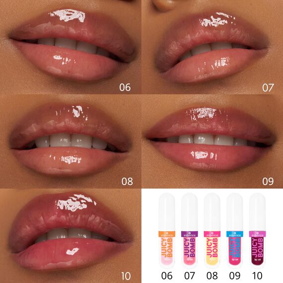 essence JUICY BOMB lip oil set 02 POUT OF PARADISE, Lippenöl-Set aus 5 Shades, tropischer Duft, glänzendes Finish, für gepflegte Lippen, 5×2,4ml