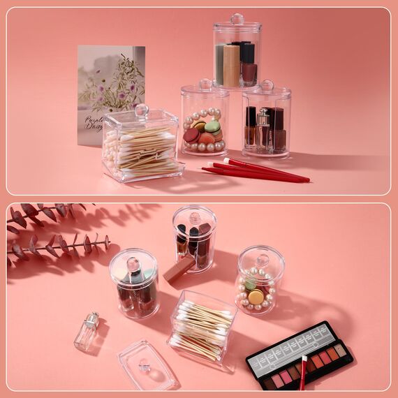 4 Stück Wattestäbchen Behälter,Cotton Buds Container Dispenser,Make-up-Organizer-Set,Wattepadspender zur Aufbewahrung im Schlafzimmer, Bad und Wohnzimmer (Transparente Abdeckung)