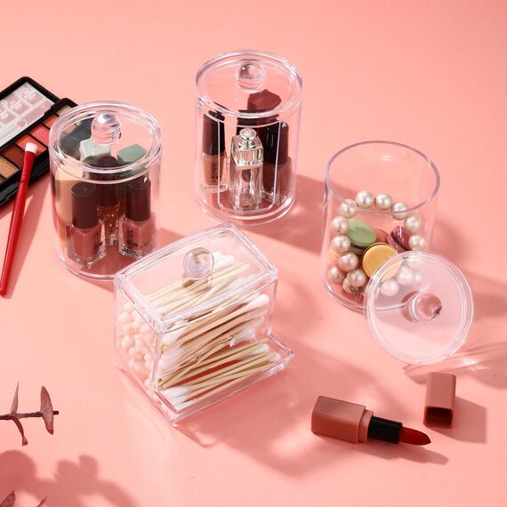 4 Stück Wattestäbchen Behälter,Cotton Buds Container Dispenser,Make-up-Organizer-Set,Wattepadspender zur Aufbewahrung im Schlafzimmer, Bad und Wohnzimmer (Transparente Abdeckung)