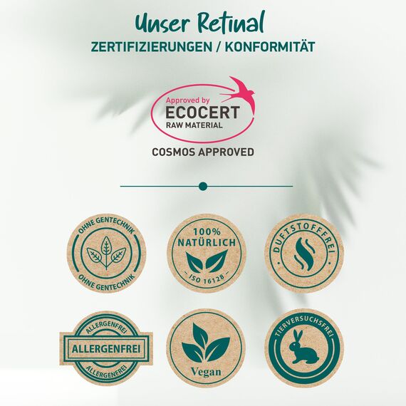 BIO Retinol Serum Hochdosiert • Die beste Retinolform (Retinal) + 7 Power Wirkstoffe = Hyaluron, Vitamin C, Niacinamid • Hochwirksames Retinal • Gegen Falten