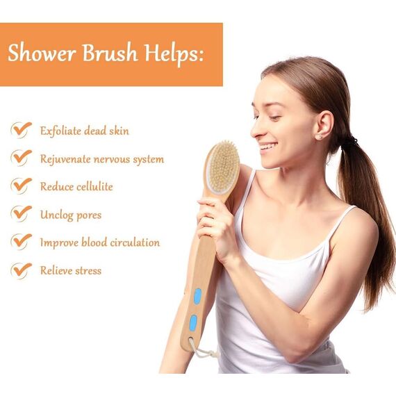 URAQT Rückenbürste Massagebürste Badebürsten, Doppelseitige Naturborsten Duschbürste Körperbürste Holz Schrubber mit Langem Stiel für Peeling Massage Verbessern die Durchblutung Cellulite (D-2PCS)