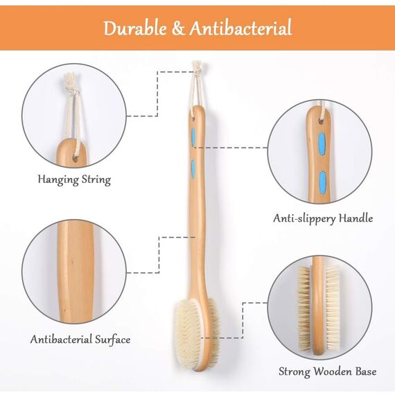 URAQT Rückenbürste Massagebürste Badebürsten, Doppelseitige Naturborsten Duschbürste Körperbürste Holz Schrubber mit Langem Stiel für Peeling Massage Verbessern die Durchblutung Cellulite (D-2PCS)