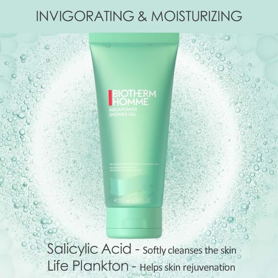 Biotherm Homme Aquapower Shower Gel, belebendes Duschgel für Männer mit und Life Plankton, für eine erfrischte und hydratisierte Haut, Körper & Haare, 200 ml (Packung mit 2)