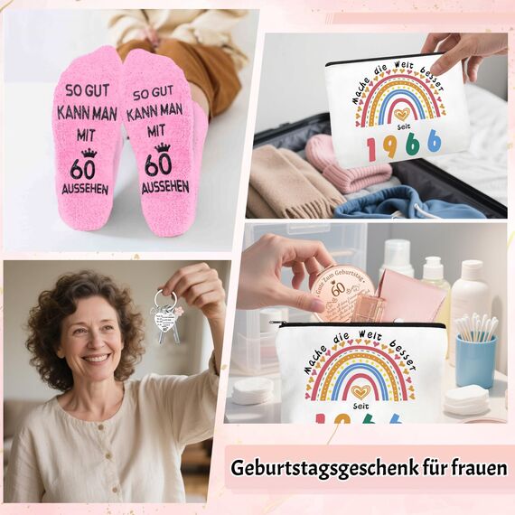 Shining She Geschenk 60 Geburtstag Frau, Geschenke zum 60 Geburtstag für Frauen mit 1966 Kosmetiktasche, 60. Schlüsselanhänger, 60. Rosa Socken und Kosmetikspiegel Lustige Geschenke für Mama Oma