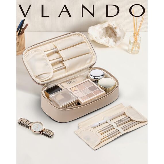 Vlando Reise Kosmetiktasche Klein, Make Up Tasche Damen, Tragbare Cosmetic Bag Organizer, Multifunktionale Schminktasche Damen aus wasserdichte Leder,Milchkaffee