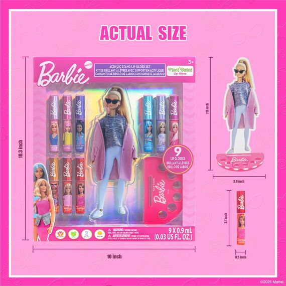 Townley Girl's Barbie 11-teiliger Lipgloss pflanzlicher feuchtigkeitsspendender Acryl Halter, geeignet für Mädchen, Kinder und alle