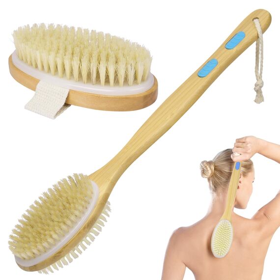URAQT Rückenbürste Massagebürste Badebürsten, Doppelseitige Naturborsten Duschbürste Körperbürste Holz Schrubber mit Langem Stiel für Peeling Massage Verbessern die Durchblutung Cellulite (D-2PCS)