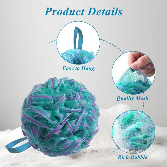 flintronic 4 Stück Badeschwamm, 75g Dusch-Luffa-Kugeln, Masche Schäumend Duschschwamm Körper, weich, langlebig, Extra Groß, Einfach Schäumend, für Reinigendes Körperpeeling & Peeling (Blau)