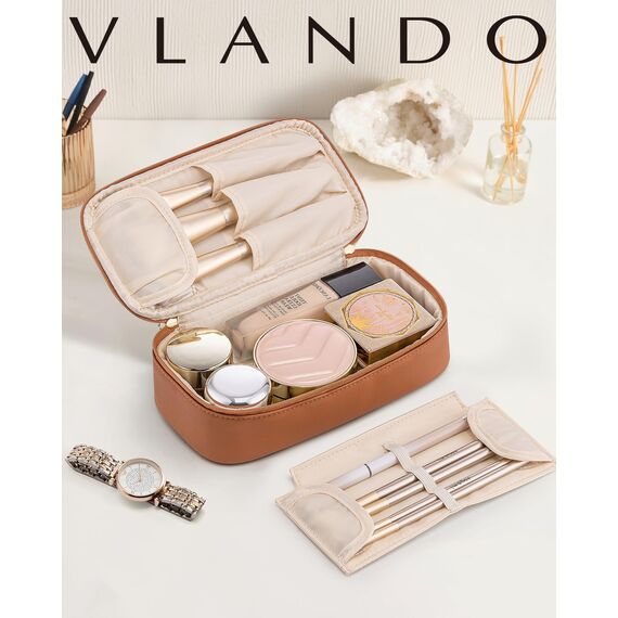 Vlando Reise Kosmetiktasche Klein, Make Up Tasche Damen, Tragbare Cosmetic Bag Organizer, Multifunktionale Schminktasche Damen aus wasserdichte Leder,Dunkelbraun