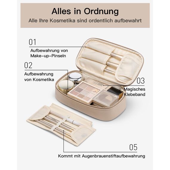 Vlando Reise Kosmetiktasche Klein, Make Up Tasche Damen, Tragbare Cosmetic Bag Organizer, Multifunktionale Schminktasche Damen aus wasserdichte Leder,Milchkaffee