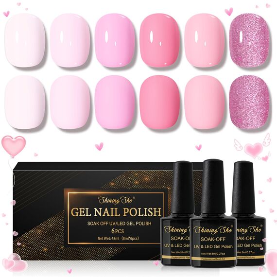 Shining She UV Nagellack Set, 6 Farben Frühling Baby Rosa Hellrosa Pastell Gel nagellack Rosa Serie Soak Off UV Gellack Nail Art Salon für Frauen Ernennung Gedenktag Valentinstag, 8ML