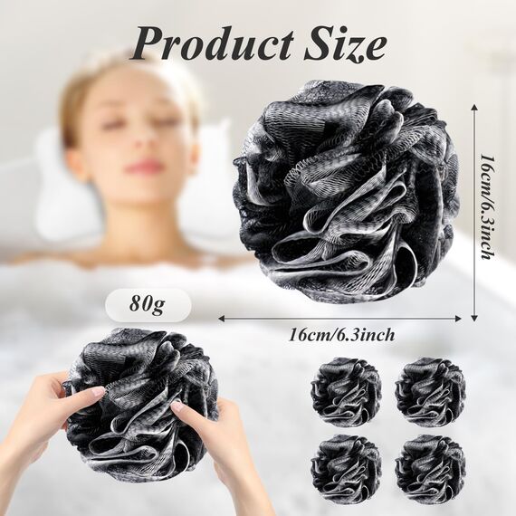 flintronic 4 Stück Badeschwamm, Dusch-Luffa-Kugeln, Masche Schäumend Duschschwamm Körper, weich, langlebig, Extra Groß, Einfach Schäumend, für Reinigendes Körperpeeling & Peeling, 80g (Schwarz)