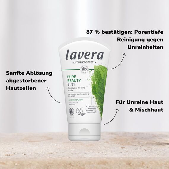 lavera Pure Beauty 3in1 Reinigung, Peeling & Maske – Naturkosmetik gegen Unreinheiten – vegane Gesichtsreinigung für unreine Haut & Mischhaut - 125ml