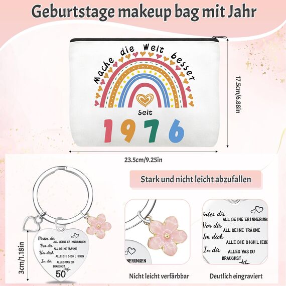 Shining She Geschenk 50 Geburtstag Frau, Lustige Geschenke zum 50 Geburtstag Frau, Geburtstagsgeschenk für Mama Oma mit 1976 Kosmetiktasche, 50. Schlüsselanhänger, 50. Rosa Socken und Kosmetikspiegel