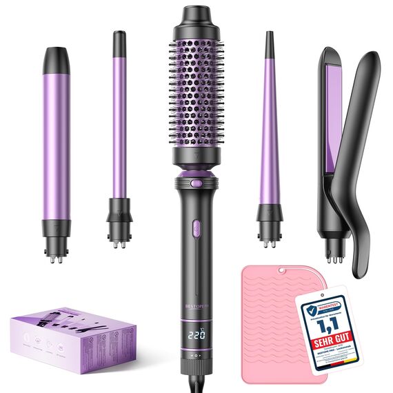 BESTOPE PRO Lockenstab, 5 in 1 Lockenstäbe Set mit Glätteisen, Thermobürste, 3 Keramische Lockeneisen (9mm- 25mm) für Große Locken, 13 Temperaturen, Hair Curler mit Hitzebest.Matte, Handschuh, Klammer