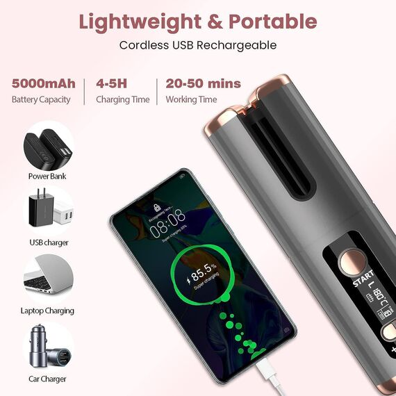 Automatischer Lockenstab Schnurlose Lockenstäbe Kabellos Lockenwickler Negativ-Ionen Lockenstab mit Akku USB Aufladen LCD-Anzeige Keramikbeschichtung 6 Temperatur für Große,Kleine Locken (150-200℃)