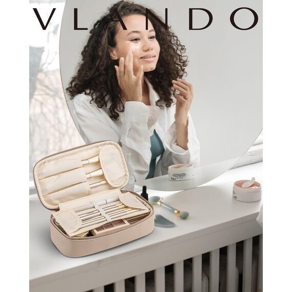 Vlando Reise Kosmetiktasche Klein, Make Up Tasche Damen, Tragbare Cosmetic Bag Organizer, Multifunktionale Schminktasche Damen aus wasserdichte Leder,Milchkaffee