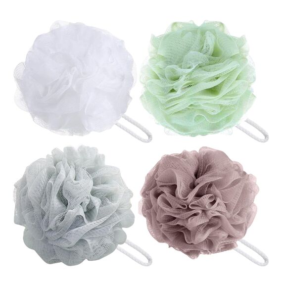 flintronic 4 Stück Badeschwamm, Dusch-Luffa-Kugeln, Masche Schäumend Duschschwamm Körper, weich, langlebig, Extra Groß, Einfach Schäumend, für Reinigendes Körperpeeling & Peeling, 60g (Macaron-Farbe)