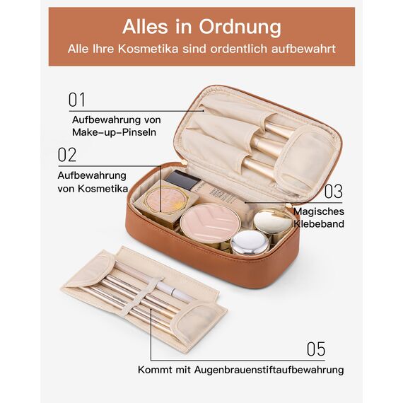 Vlando Reise Kosmetiktasche Klein, Make Up Tasche Damen, Tragbare Cosmetic Bag Organizer, Multifunktionale Schminktasche Damen aus wasserdichte Leder,Dunkelbraun