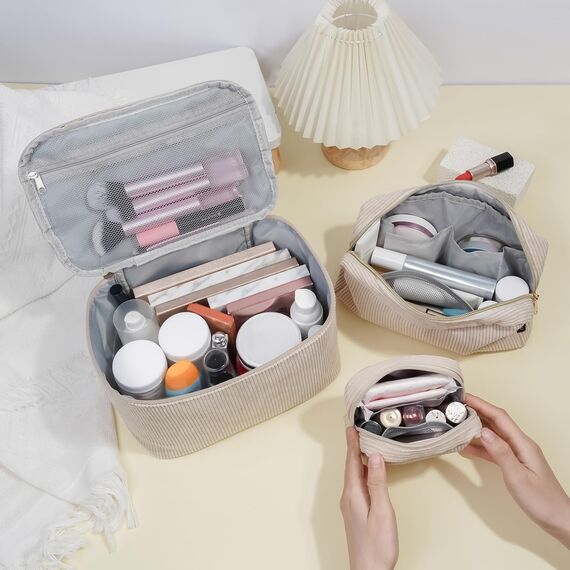 MAGEFY 3er Set Kosmetiktasche Kulturtasche Damen, Cord Make up Tasche mit Fächern Reise Make up Tasche für Frauen (Beige)